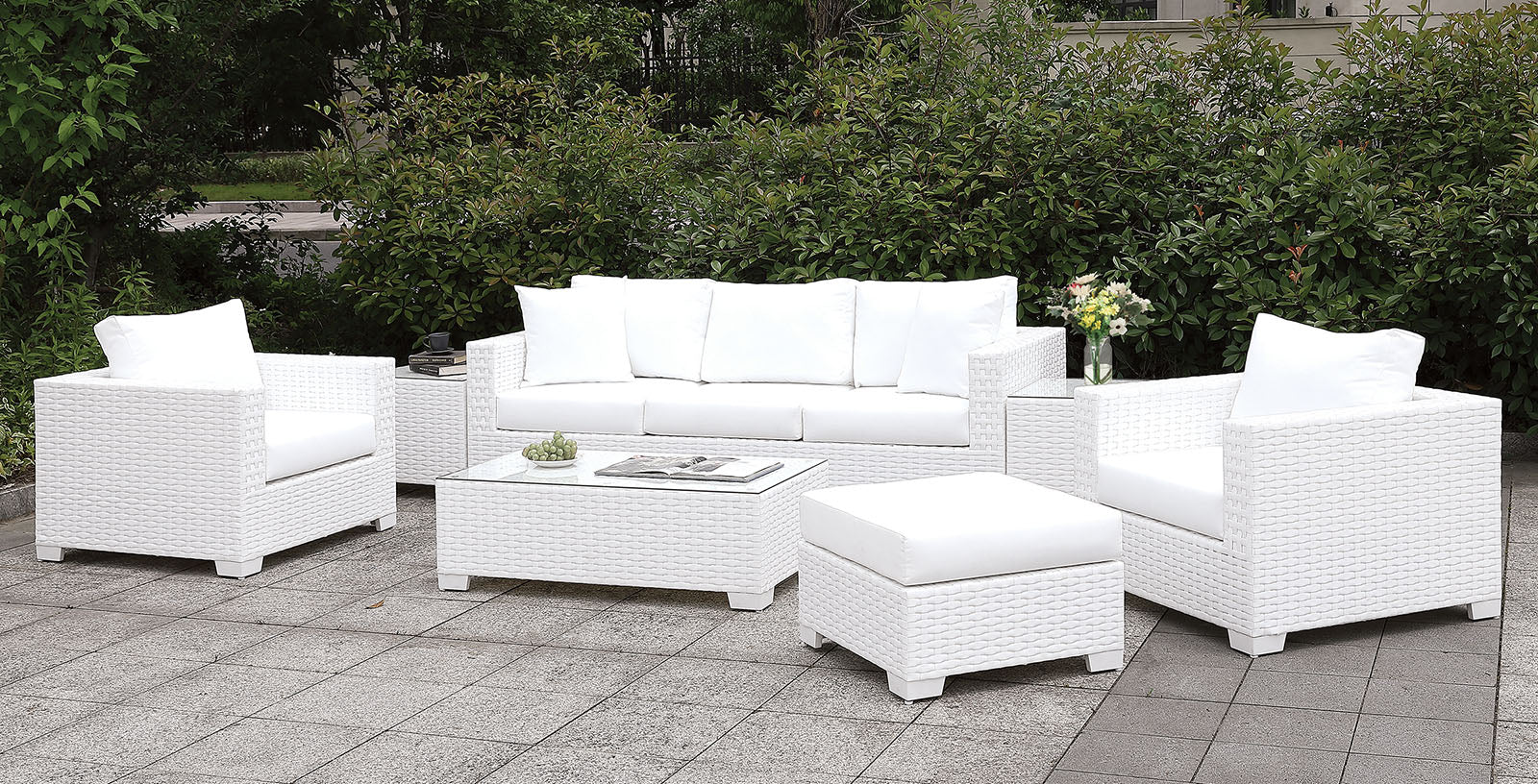 Somani Light Gray Wicker/Ivory Cushion Sofa + 2 Chairs + 2 End Tables + Coffee Table