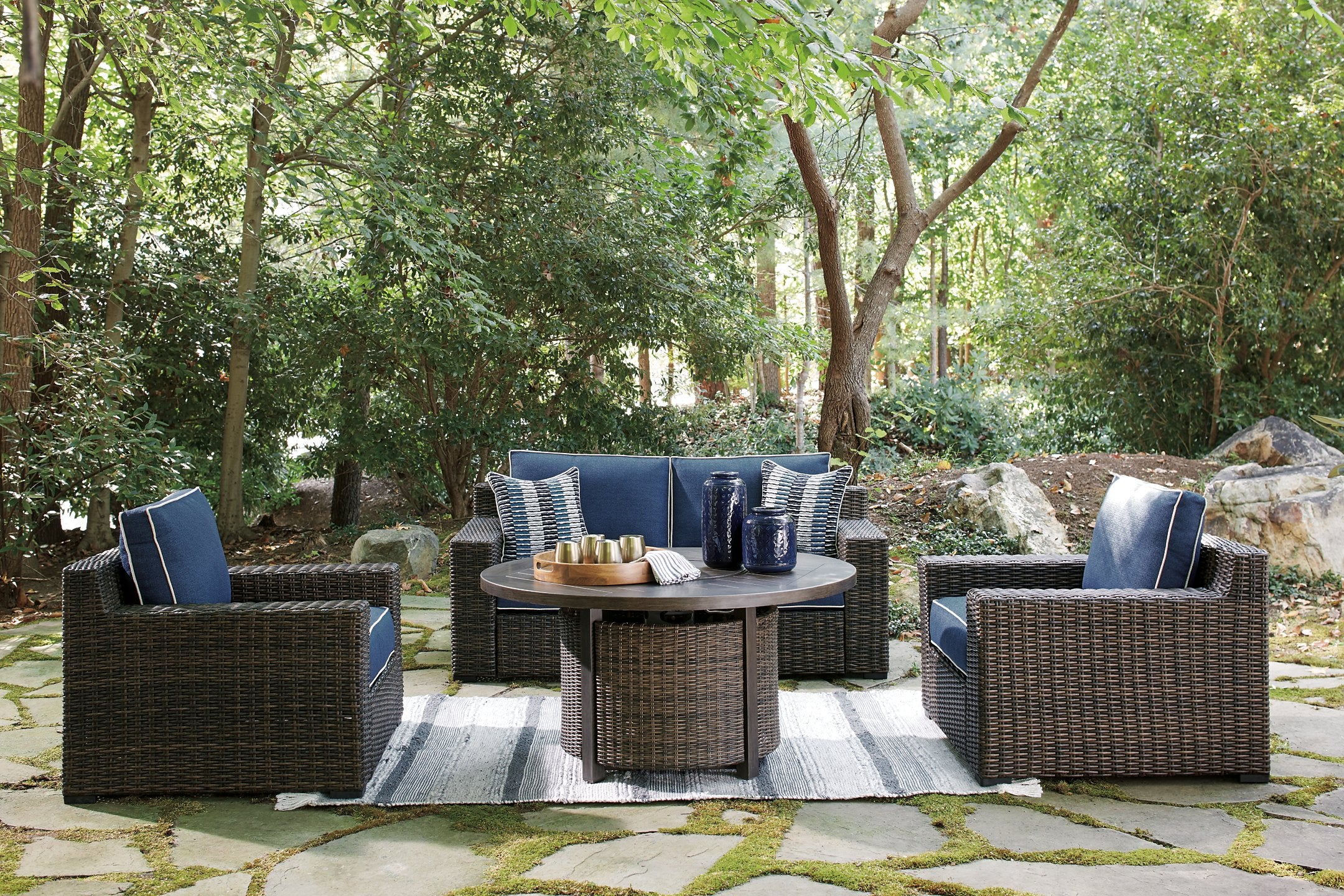 Grasson Lane Grasson Lane Nuvella Loveseat and 2 Lounge Chairs with Fire Pit Table