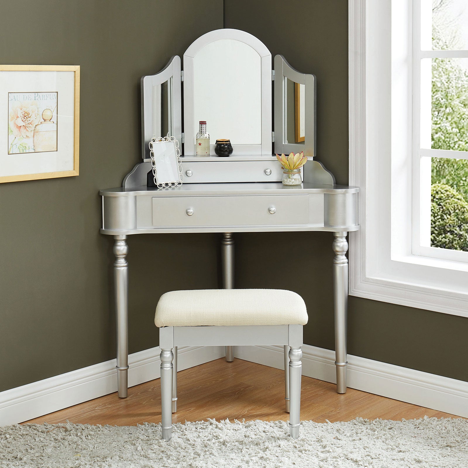 silver dressing table stool Silver Dressing Table Set, Glass Modern Table with Mirrored Stool - Bed Bath & Beyond