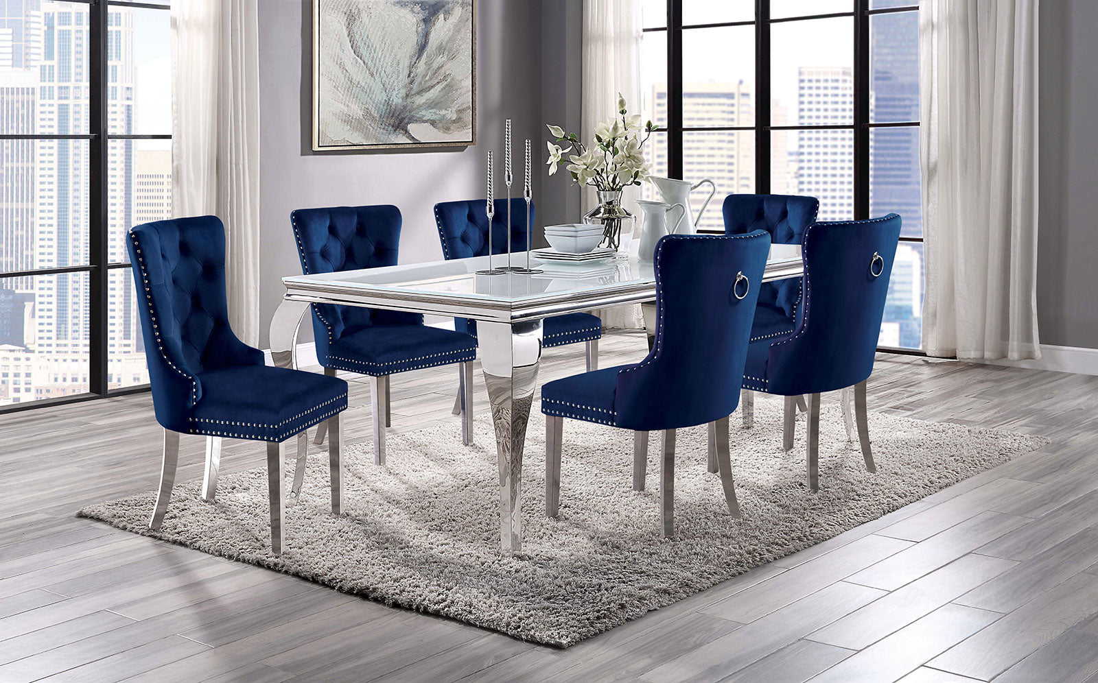 NEUVEVILLE 7 Pc. Dining Table Set, Navy Chairs